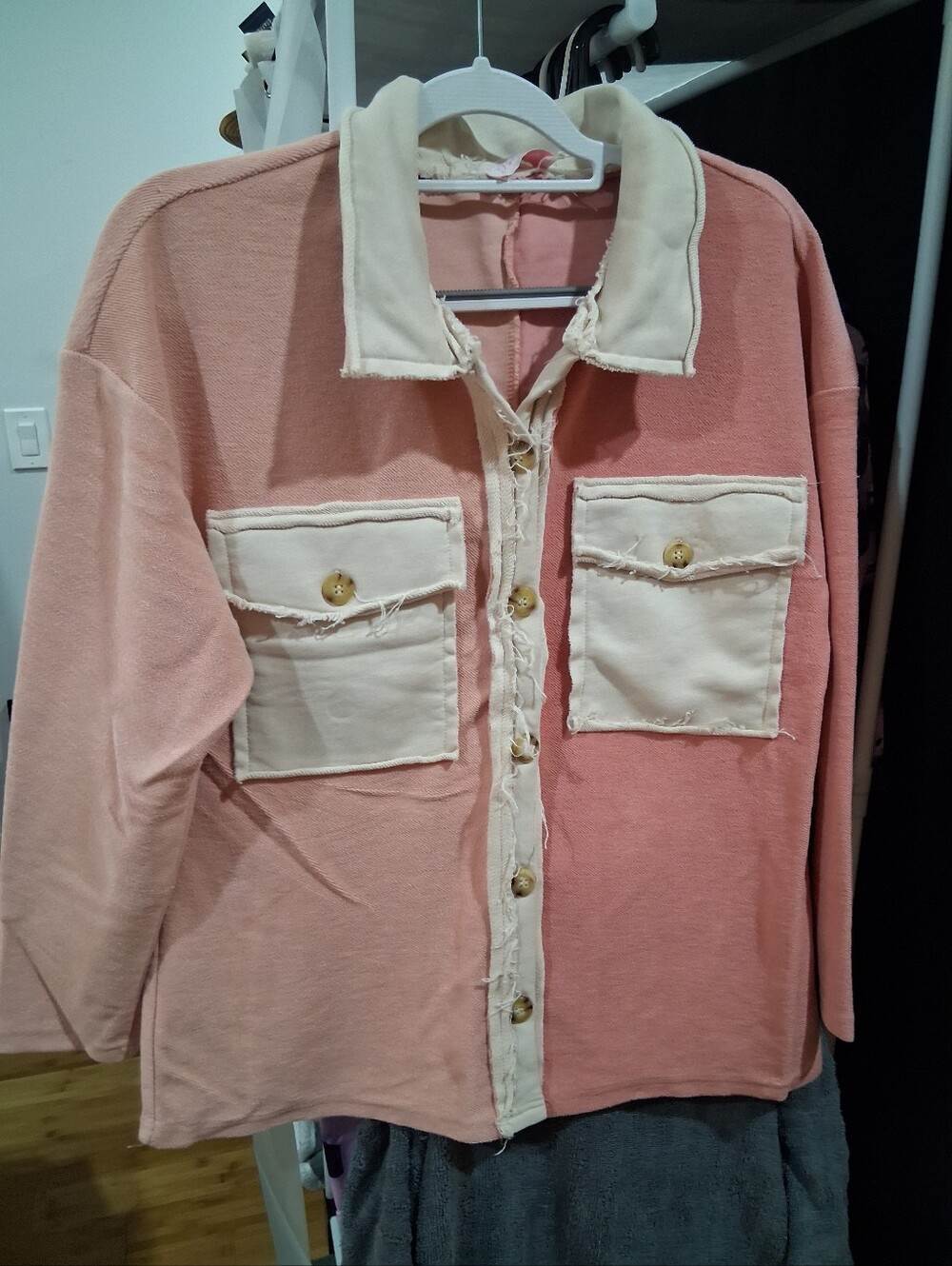 Woman Two-Tone Pink & Cream Button-Up Shirt Jacket